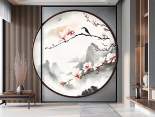 中式客厅圆形花鸟装饰画