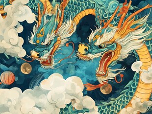 双龙戏珠古风祥瑞图景