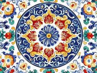 复古多彩花卉圆形装饰图案