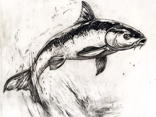 跃起的鱼水墨画