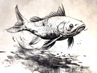 水墨风格跃起的灵动鲤鱼