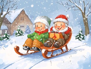 雪天孩童坐雪橇欢乐时光