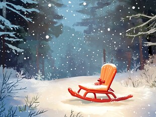 雪林中的红色摇椅