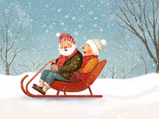 老人夫妇雪上乘雪橇赏景