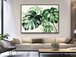 客厅中清新的龟背竹挂画