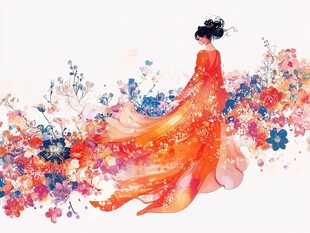 古风红衣女子漫步花丛中
