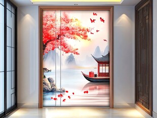 中式诗意红叶山水移门图