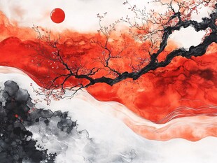 红日映梅水墨山水意境