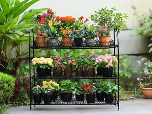 三层花架上的缤纷花卉