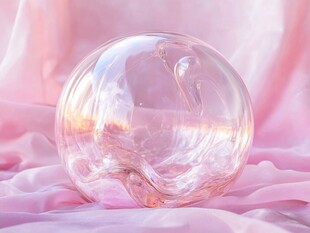 梦幻透明玻璃球置于柔粉布上