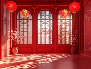 中式红门挂灯笼迎新春