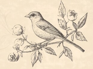 枝头小鸟与花卉素描图