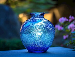 蓝色闪光玻璃花瓶特写