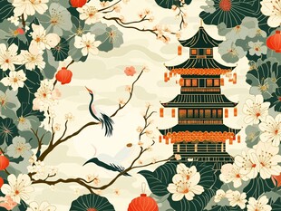 中式古风楼阁花鸟景致图