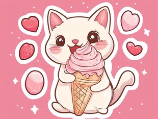 可爱猫咪享用粉色冰淇淋