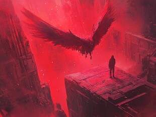 红色天空下的人与巨鸟
