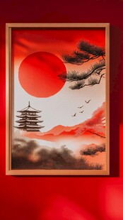 日式浮世绘风红日松塔画