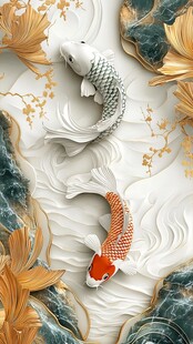 双鲤戏金叶中式浮雕艺术