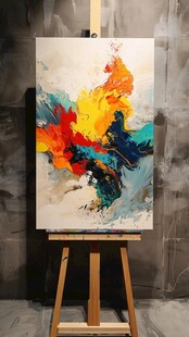 抽象油画作品展示在画架上