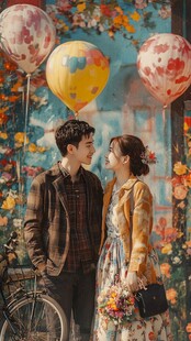 浪漫情侣于花海气球下对视