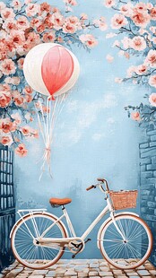 梦幻蓝墙下的单车与气球
