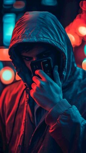 神秘 hoodie 人暗光下用手机