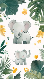 可爱小象与热带植物插画