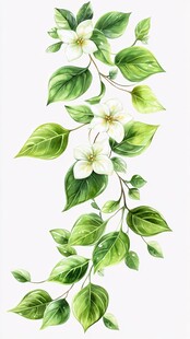 手绘绿叶白花藤蔓图案