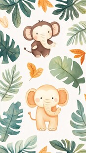 丛林萌趣小象与小猴图案