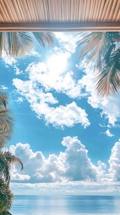 海边椰影下的晴朗天空
