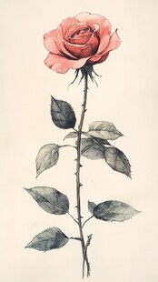 手绘粉色玫瑰单枝