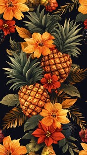 热带花卉与菠萝图案设计