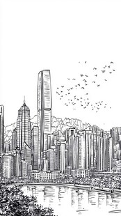 都市天际线黑白手绘景观