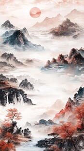 水墨山水间的红日盛景