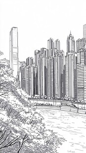 城市河畔线描风光