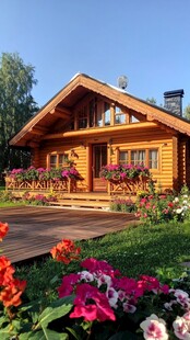 田园风木屋旁的缤纷花卉