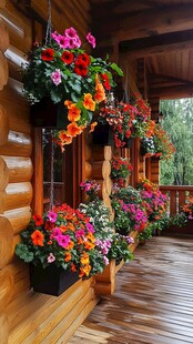 木屋外缤纷多彩的花卉景致