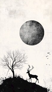 月夜下的鹿与孤树