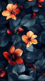 深红花朵与墨绿叶片图案