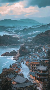 海边古村 云雾缭绕的美景