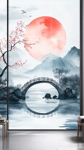 中式山水桥畔红日美景图