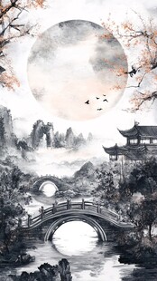 水墨古风山水月夜美景