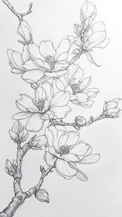 玉兰花枝线描图
