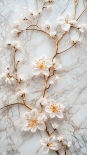 白色花枝于大理石上绽放