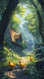童话风森林中的小屋与小鸡