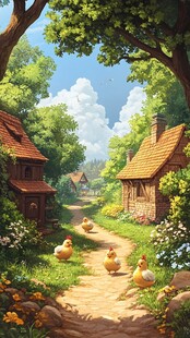 乡村小道上的小鸡与小屋