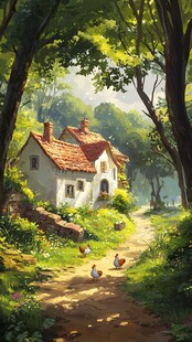 田园小屋旁的温馨自然景象