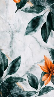 大理石底绿叶橙花图案