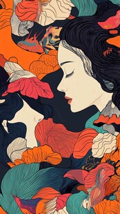 梦幻古风女子与花叶交织