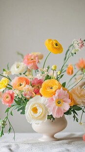 多彩毛茛花束插于白色花瓶